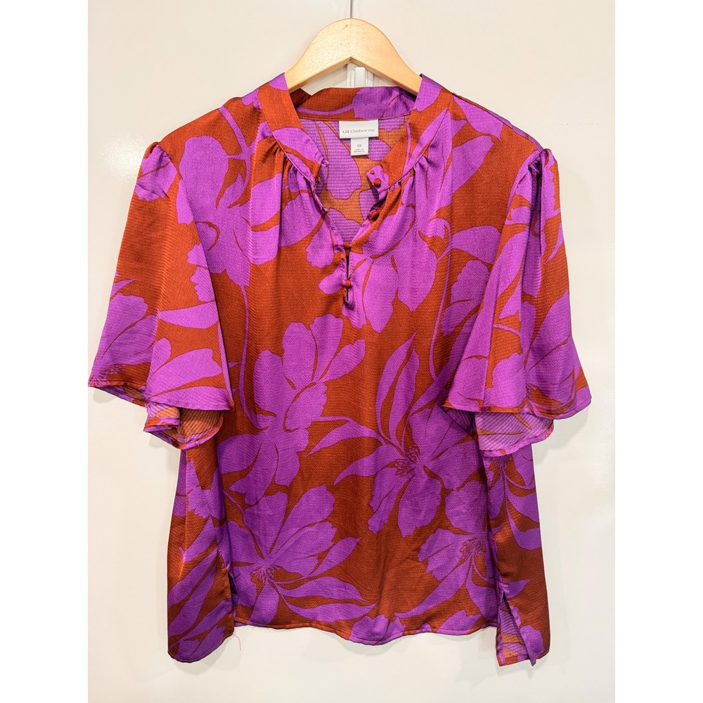 Liz Claiborne Womens Plus 0X Floral Blouse Orange Purple Short Flutter Sleeve